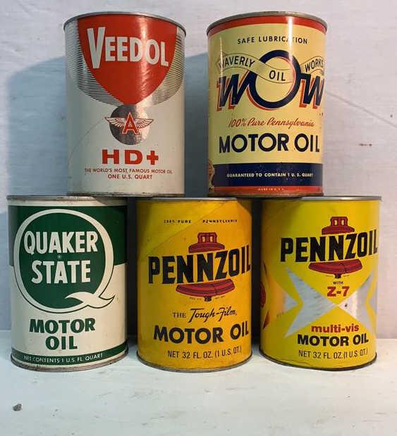 5 Full Oil Cans - Waverly, Veedol, Quaker State, (1 of 2)