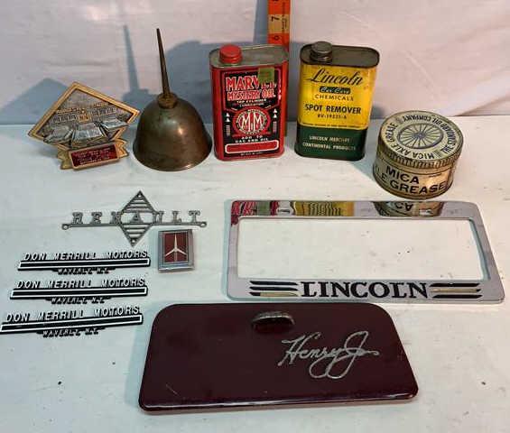 Henry-J Glove Box door, Marvel Mystery Oil can,: Lincoln spot remover Roadside diner award Macha axle grease and oil can Renault emblem and others
