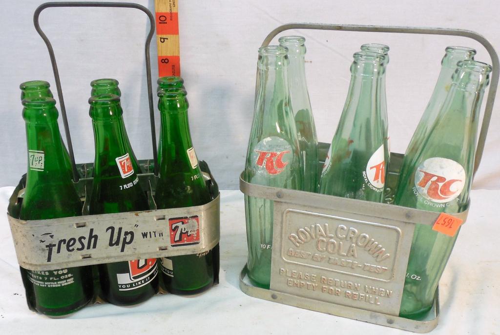 Royal Crown and 7-Up Metal carriers with bottles: used as is see photos