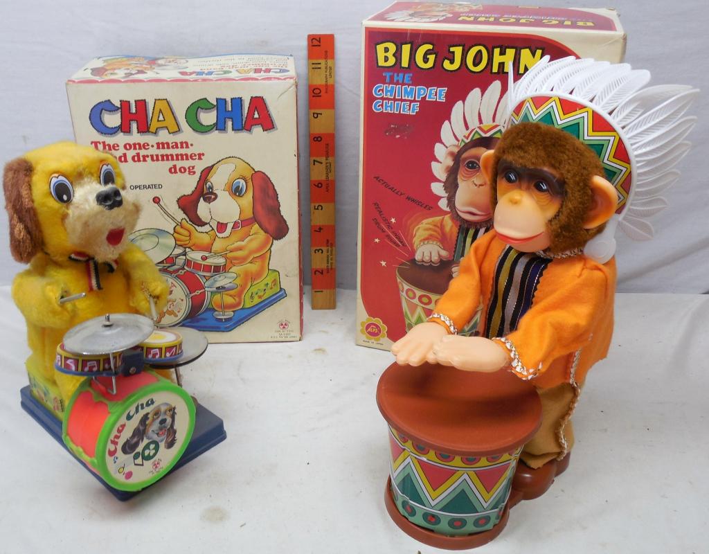 Cha Cha the one man band drummer dog and: Big John the Chimpee Chief with boxes untested By Alps and Son ai Toys used see photos