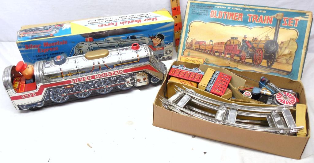 2 Tin Litho Trains - Silver Mountain Express and: Oldtimer Train Set with boxes 1 is Modern Toy other is Cragstan used see photos