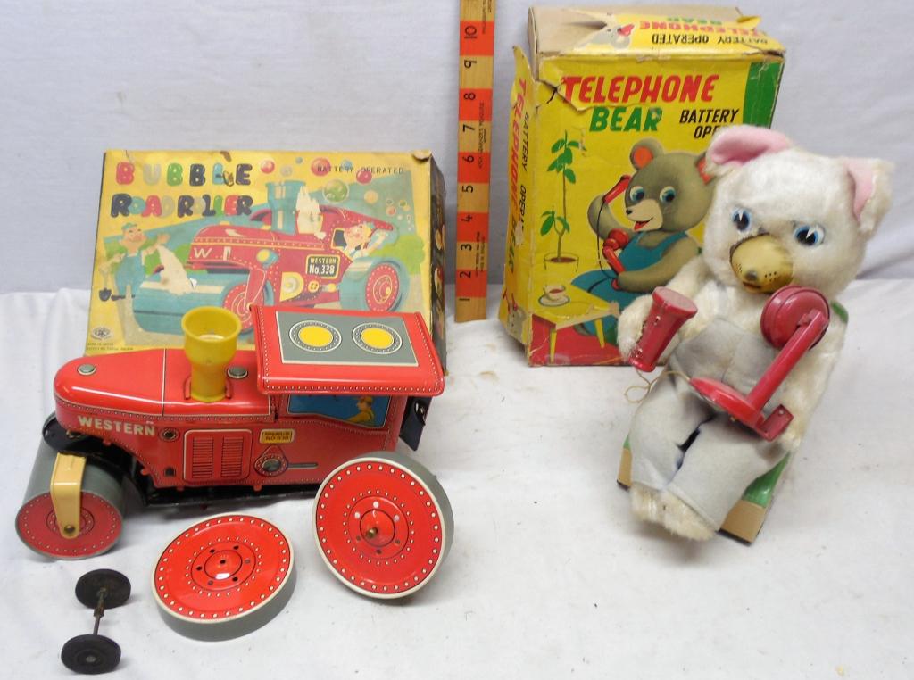 Telephone Bear and Bubble Roadroller Tin Lithos: Battery Operated Used see photos
