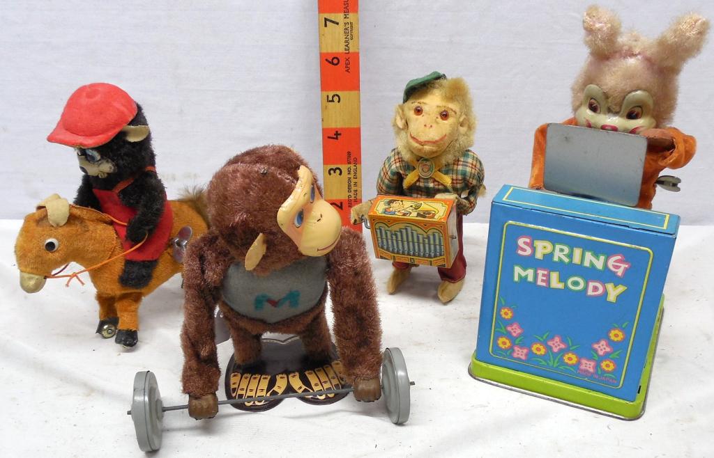 4 Wind-up Toys Spring Melody Bunny Hourseback Bear: orgian grinder Monkey and Weightlifter Monkey Used see photos