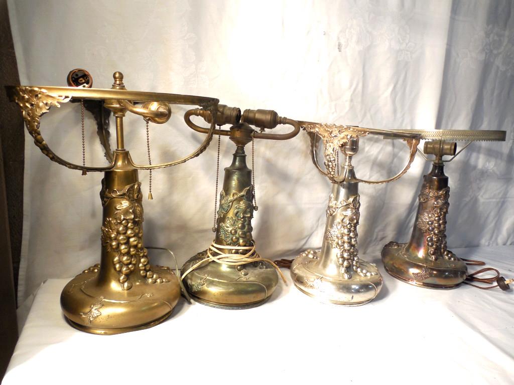 4 Pairpoint Grape Motif Lamps: 3 Marked Silver lamp has significant dent in base used as is