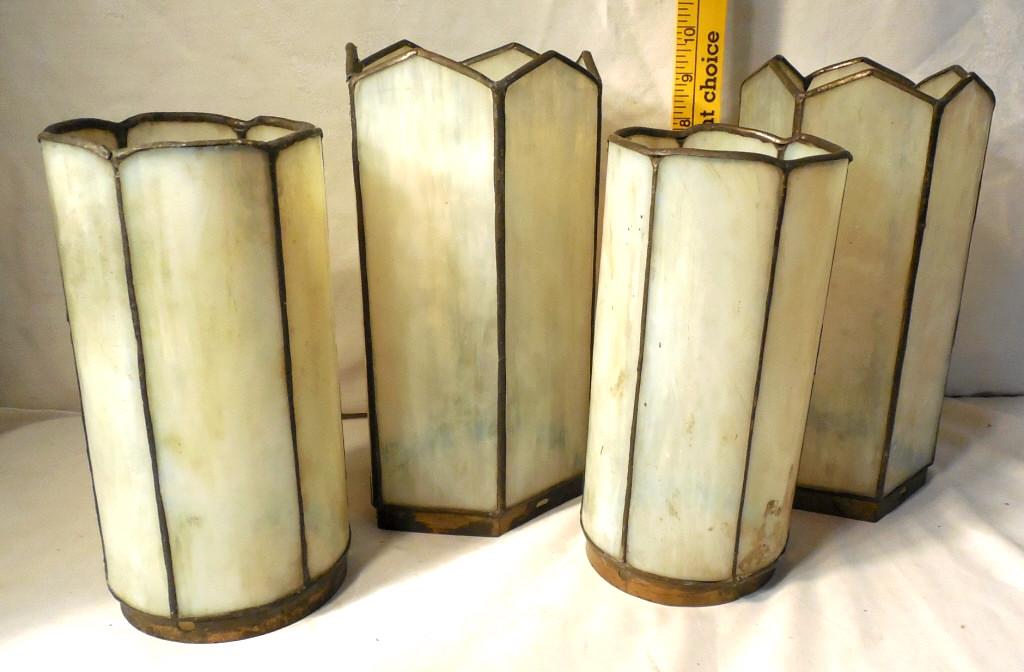2 6 Panel Round / 2 6 Panel Hexagon Shades: Opalescent/Slag Glass Hexagon 9 1/2 Tall x 5 Round 81/2 x 4 No damage Used as is see phots