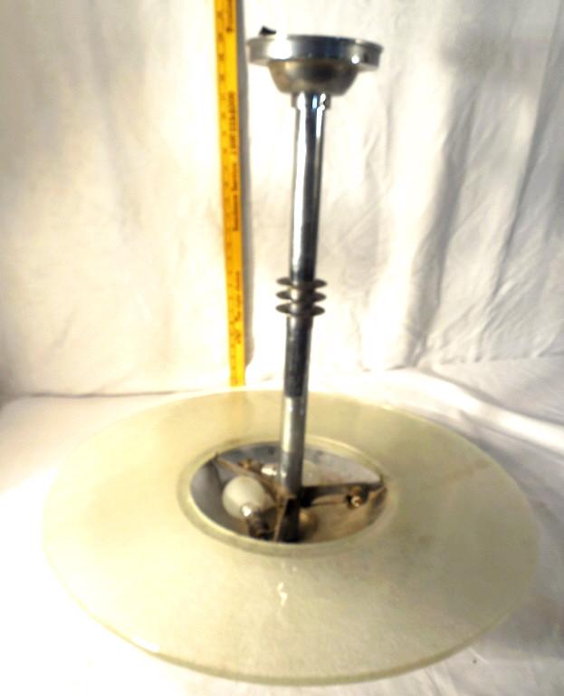 Hanging Light Chrome and Glass Disc: Glass Disc Measures 26'' Across Glass is Approx. 1/2'' Thick Used as is