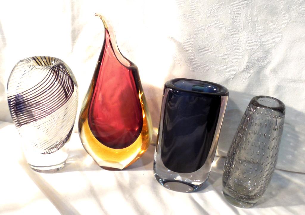 Lot of 4 Art Glass Vases 2 Signed: Vase w/ swirls signed Kosta, vase dark blue signed Orrefors, red vase and controlled bubble vase not signed