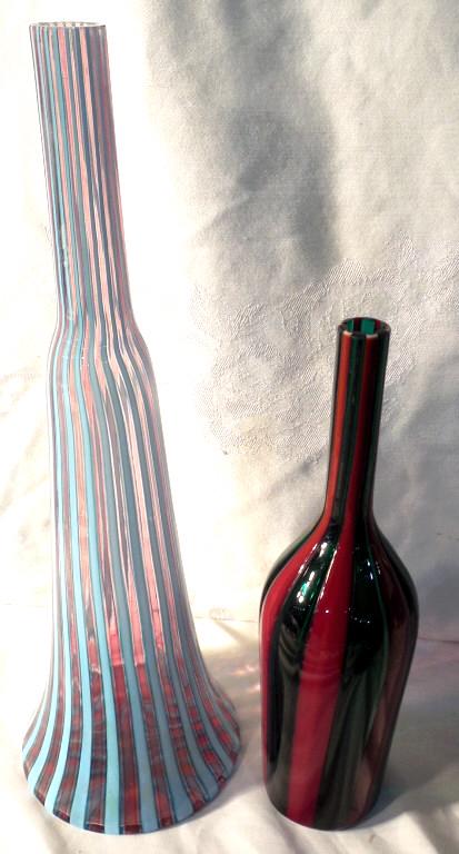Murano Decanter and Bottle: Decanter is Blu and Pink 15'' /Bottle is Red and Green with label 11''.