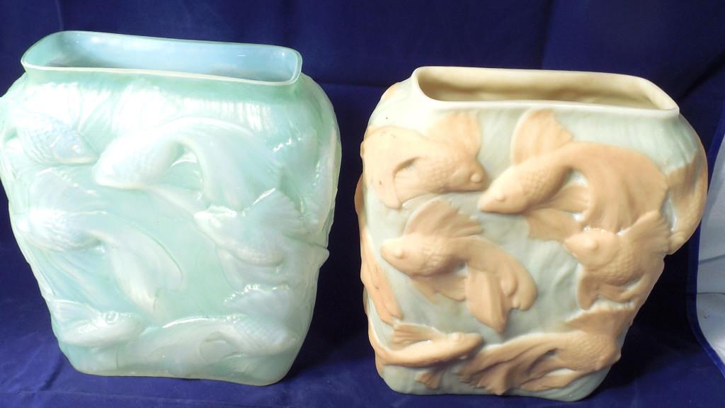 Pair of Phoenix Glass Fish Motif Vases: 11'' high matching design