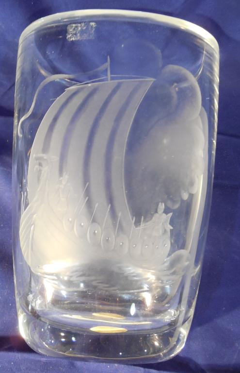 Lot of 3 Art Glass Vases Large Orrefors: Large Vase with Viking Ship is Orrefors 7'', Small clear with Viking Ship 4'' not signed, Small 3 3/4'' Colored vase unmarked.