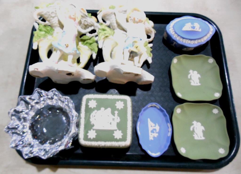 Tray Lot Misc. Glass: Orrefors Bowl, Pair Bisque Vases, 2 Wedgewood Boxes, 3 small trays