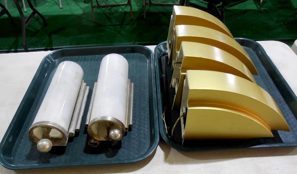Deco Wall Lighting and Deco Sconces: Gold lights measure 6'' High x 9'' long, Sconces measure 11'' Gold lights are metal, deco metal and plastic shades. Used as is