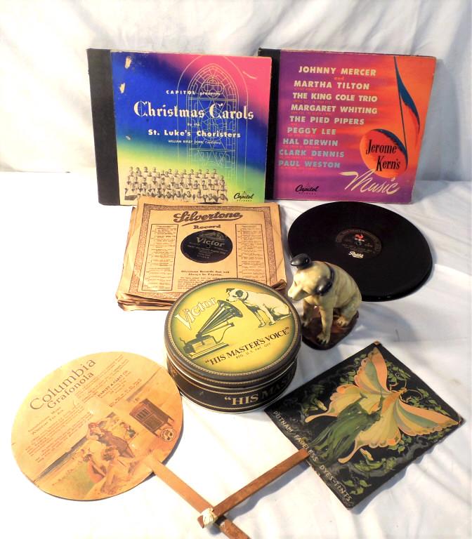 Lot Records Adv. Fans Nipper: Nipper chalk dog old,tin not old, Adv. Fans Putnam Dye and Grafanola, lot of old records