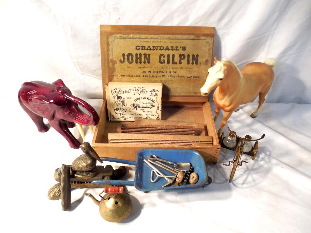 Misc. Items Horse,Elephant,S/P, Wagon: Toy tin wheelbarrow