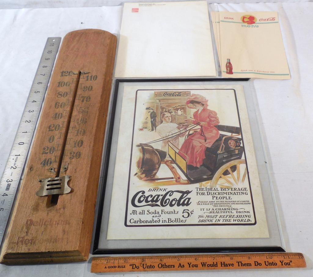 Coca Cola Lot: Thermometer/Menu/ Picture/Stationary Used As Is