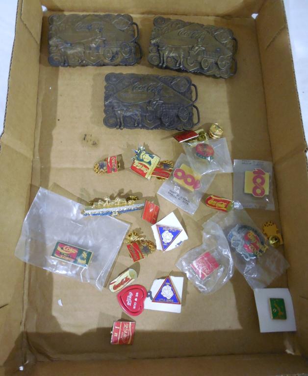 Coca Cola Lot of Pins and 3 Belt Buckles (1 of 3)