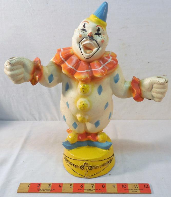 Oak-Hytex Toy Balloons Clown Figure: O,A,K Plaster Figure 16in. Tall Used as is see photos