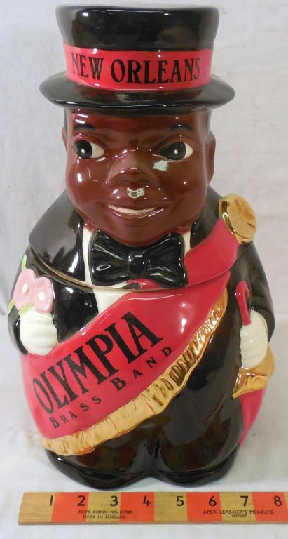 Olympia Brass Band Cookie Jar: New Orleans Grand Marshal Mardi Gras Records 1995 14in. Tall used as is - Chip on chest banner near bowtie