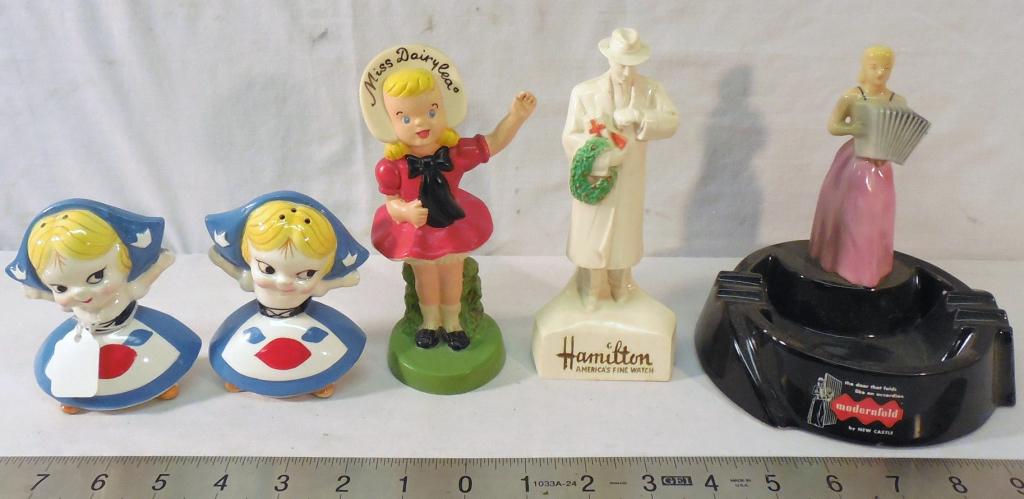 4 Collectibles - Hamilton Watch - Miss Dairy Lea: Dutch Girl Salt 7& Peppers - Modernfold accordion door ashtray - Ceramic - 4 to 7 in. Tall used as is see photos