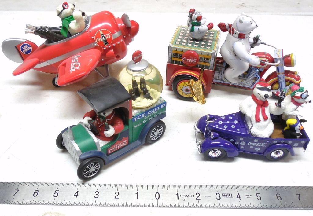 Coca-Cola Polar Bear Car - Truck - Trike and Plane: Plastic - Tin - 5 to 7 in. Tall Used as is see photos