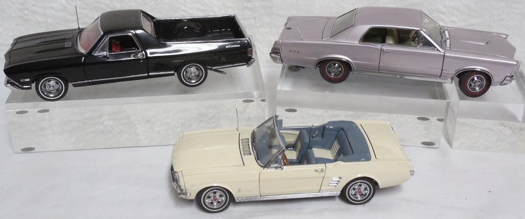 Lot of 3 Franklin Mint Cars: 1968 Chev. El Camino SS 396/1966 Ford Mustang Convertible/1965 Pontiac GTO Styrofoam Boxes NO Outer Sleeve