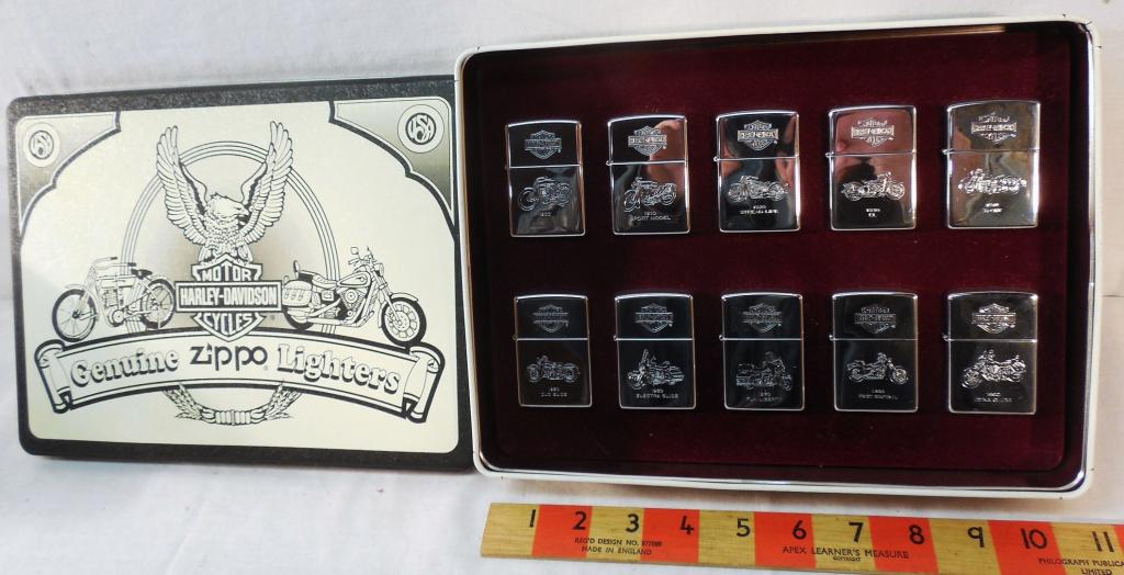 Harley - Davidson Zippo Lighters Lot of 10 in Tin: NIB See Photos