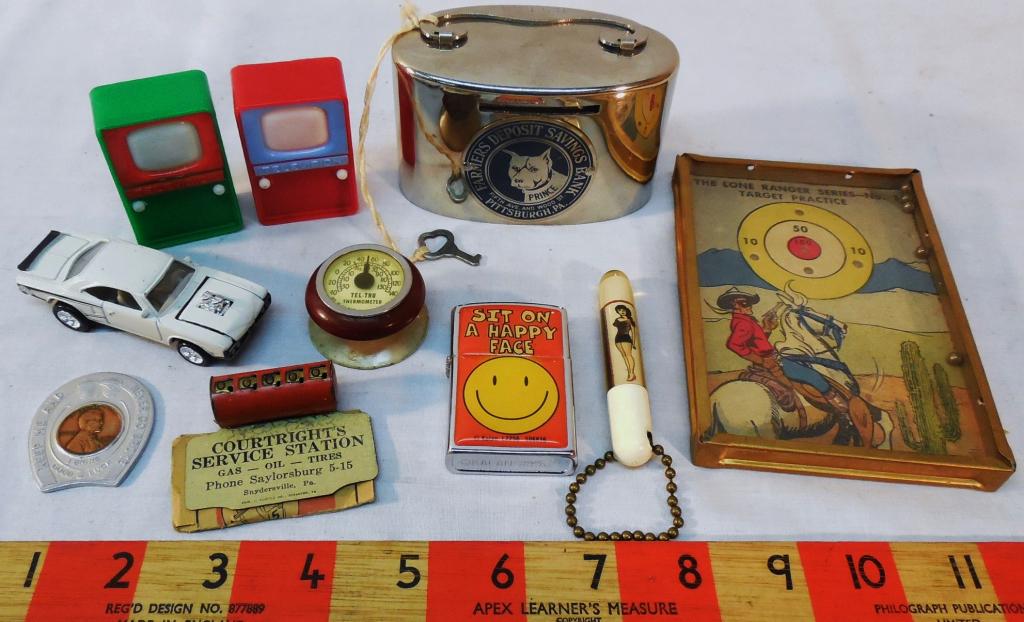 Miscellaneous Lot - Lone Ranger Game: Bank / Lighter / Key chain / Car / Thermometer / Lucky Penny