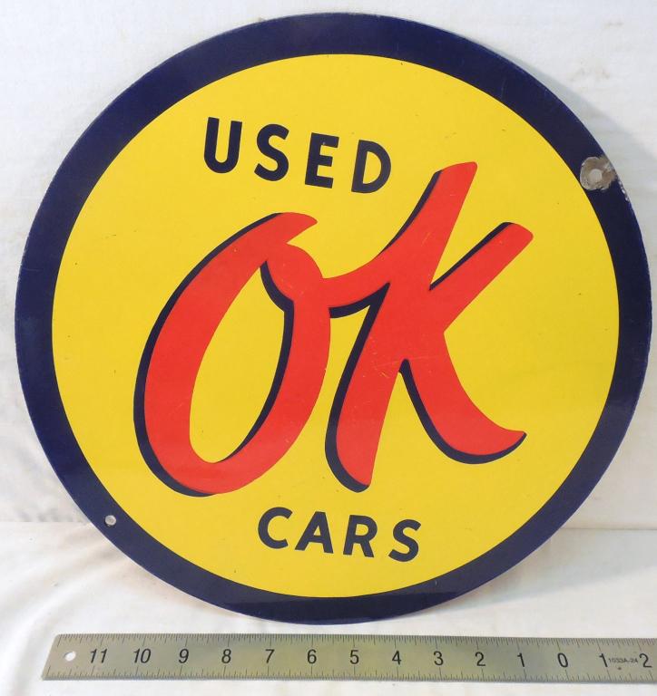 Ok Used Cars Sign Porcelain: 14'' round, Contemporary