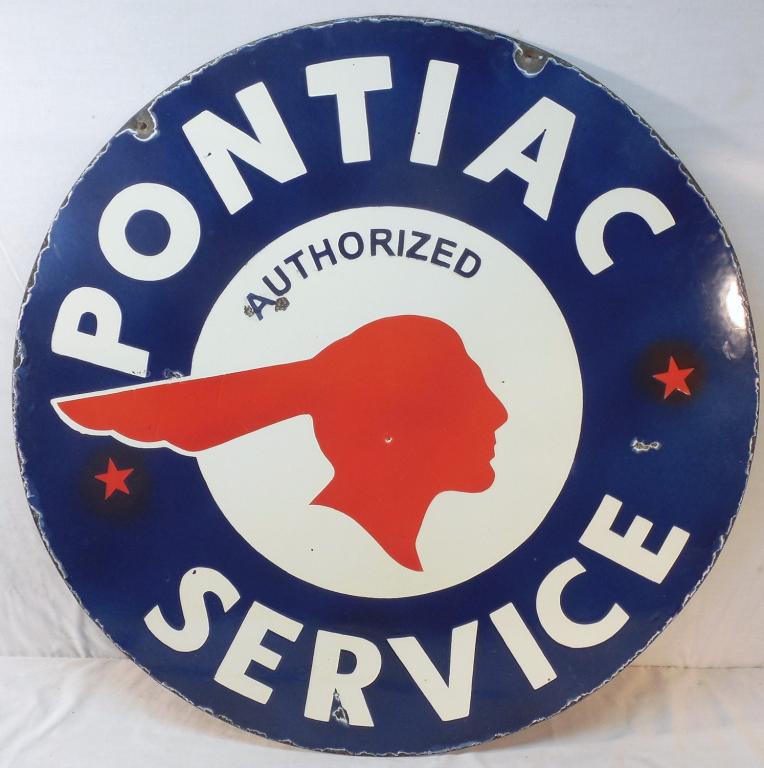 Porcelain Pontiac Service Sign: 30'' Round Double Sided Rough Edge See Photos, Contemporary
