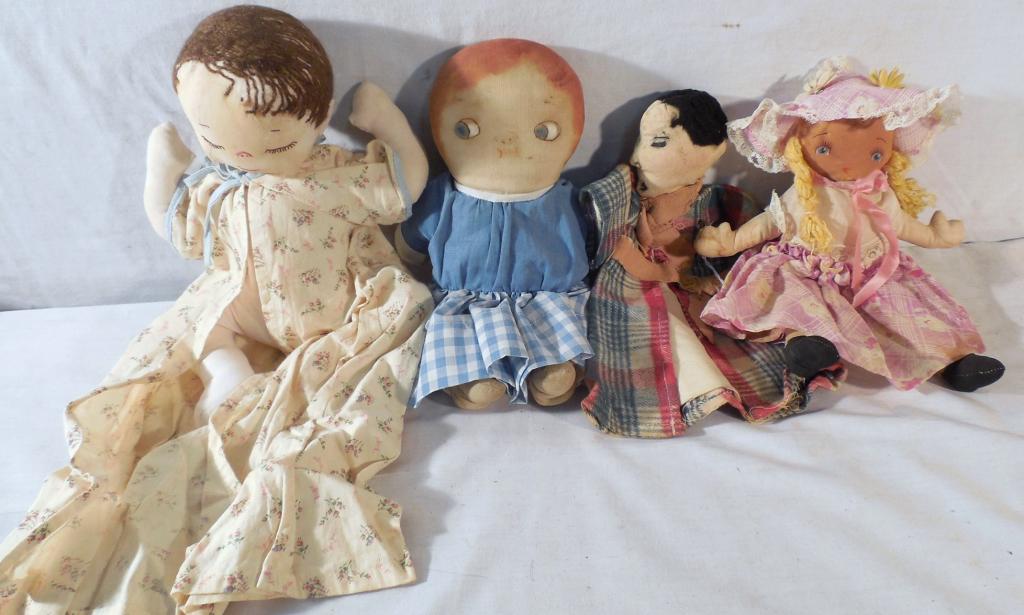 4 Cloth Dolls-1 Dolly Dingle - Rag Puppet: With double face-As is-Some condition issues-See Photo