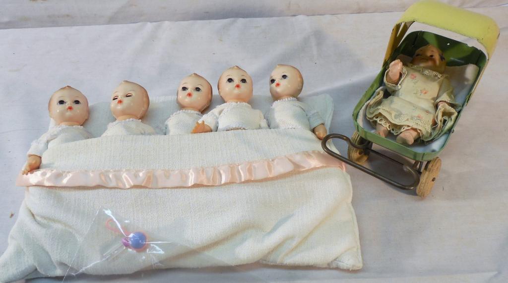 Madame Alexander Fischer quints: Metal Baby Carriage - Nippon Baby Doll - some accessories - carriage 4" long-As is-See Photo
