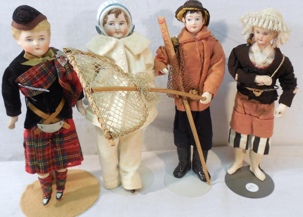 Lot of 4 Dolls-Restored ? - New Bisque Heads: International 10" Tall-As is-See Photo 2 Fisher type are French fashion type. and a Kathy Redman doll