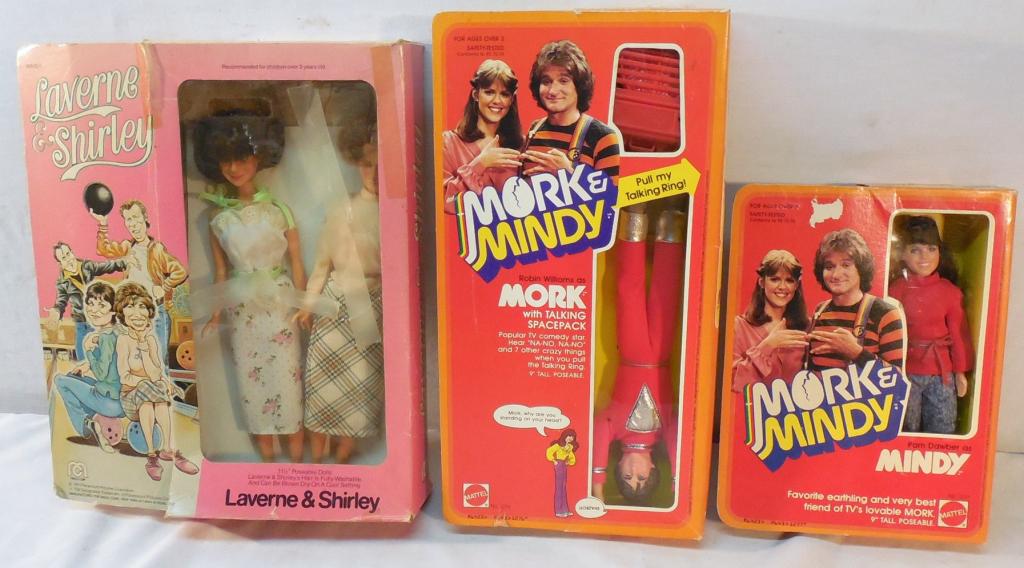 Lot of 3- Mork and Mindy Dolls/Laverne & Shirley: Dolls-in Boxes-L & S Box Torn and taped-As is-See Photo