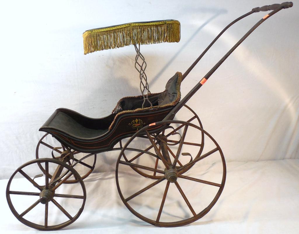 Antique Doll Carriage w/fringed sunshade (1 of 6)