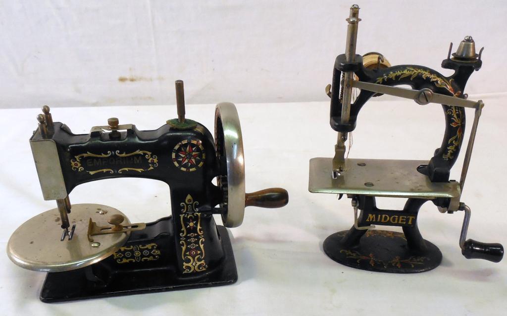 2 Heavy Cast Metal Sewing Machines-1 Midget/: 1 Emporium-As is-See Photo