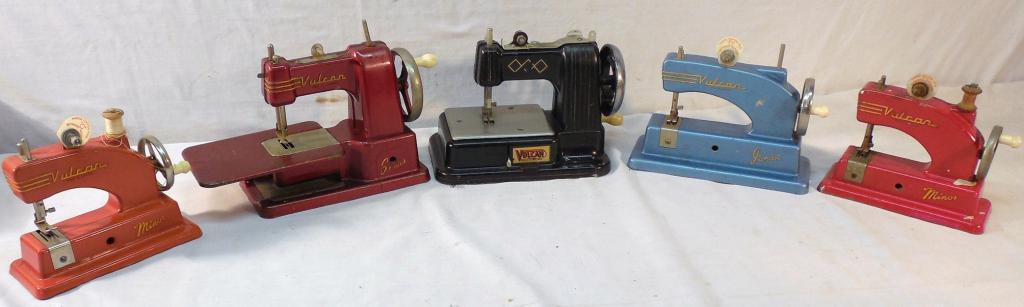 Lot of 5 Metal Sewing Machines-by Vulcan: Made in England-2 Minor/1 Senior/1 Junior-As is-See Photo