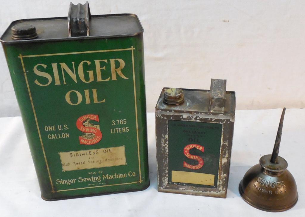 3 Pc. Singer Lot-1 Gallon Oil Can/1 Qt. Oil Can: 1 Oiler-Some paint loss on oil cans--As is-See photo