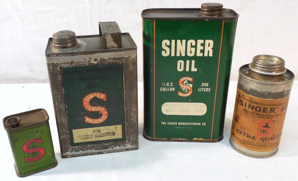 Lot of 4 Singer Oil Cans-1 Gallon,1 Qt, 2 small: Some paint loss on cans-As is-See photo