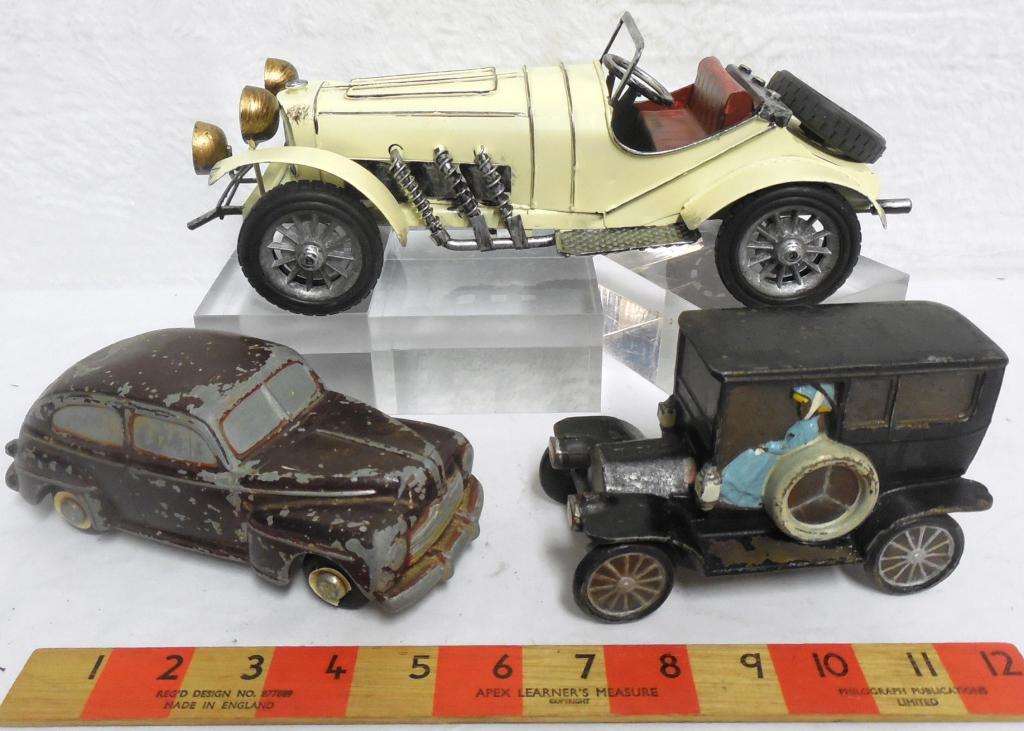 Lot of 3 Cars Tin Roadster/Alum. Car /Cast Bank: Roadster no name, Aluminum Car Master Caster,Bank 1908 Edwardian