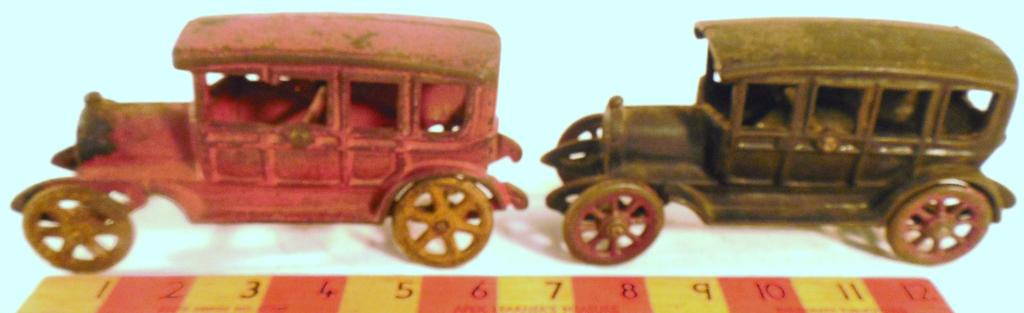 Lot of 2 Cast Iron Cars No Names: Red Car Broken at Driver's side window see photos as is