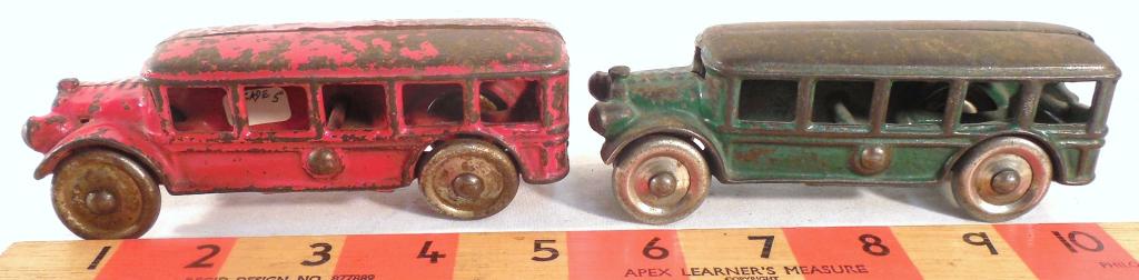 Lot of 2 Cast Iron Buses: Red Bus is Labeled Arcade