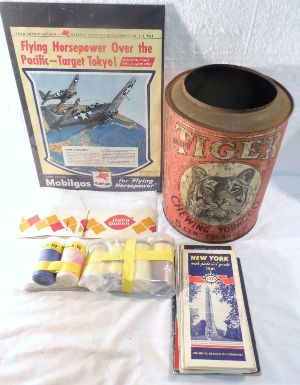 Mixed Lot Tiger Tin/Maps/DQ Hat/Adv./Paint: Tiger Chewing Tobacco Tin No Lid,Vintage Maps/ DQ Paper Hat/Old Mag. Ad w/ COA/ Touch=Up Paint