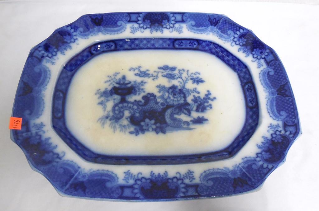 Flow Blue Platter 19'' Stamped Indian Jar: No chips,cracks or crazing
