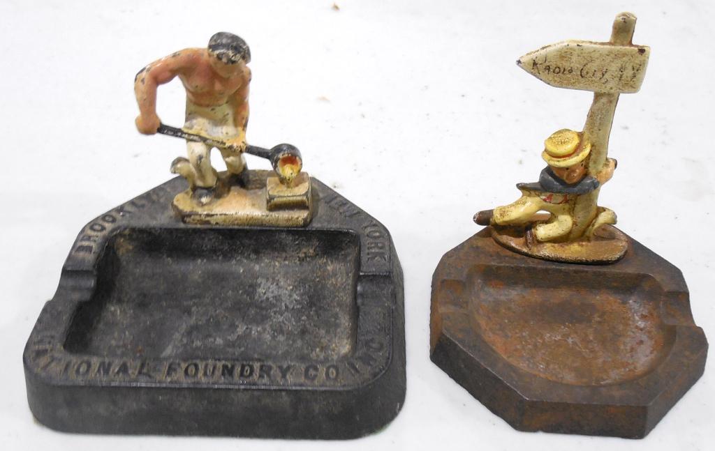 Lot of 2 Cast Iron Ashtrays: Drunk holding post John Wright / Brooklyn national Foundry other