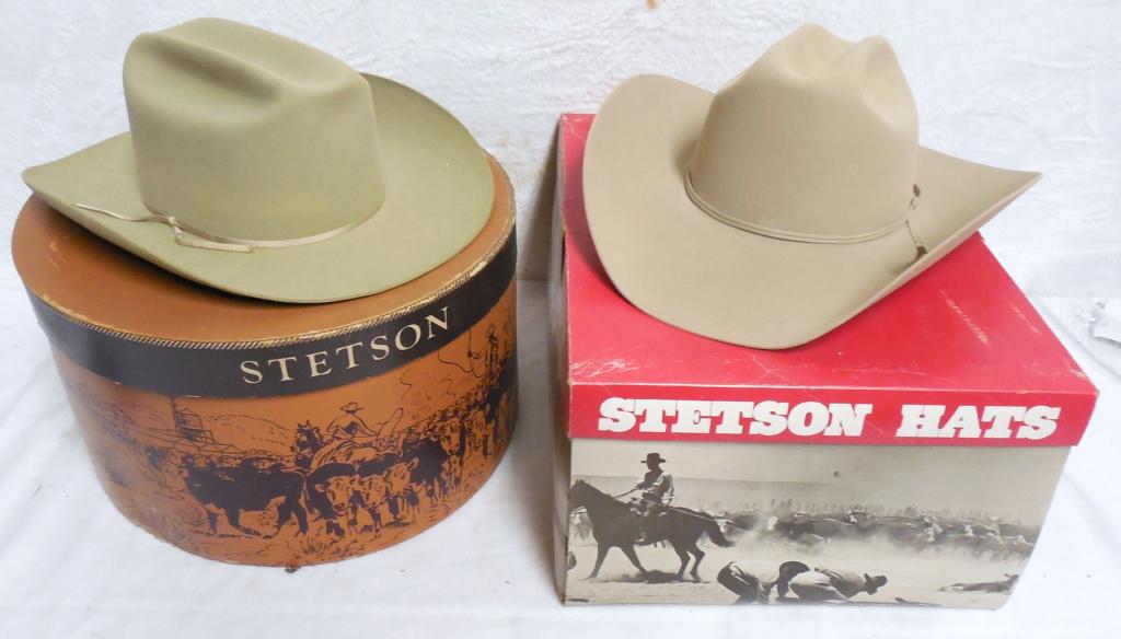 Pair Stetsons Randolph Scott / James Coburn: no size either one, We where told these hats are vintage hats made in the style of what the "Famous" person would wear and sold to the Public years ago.