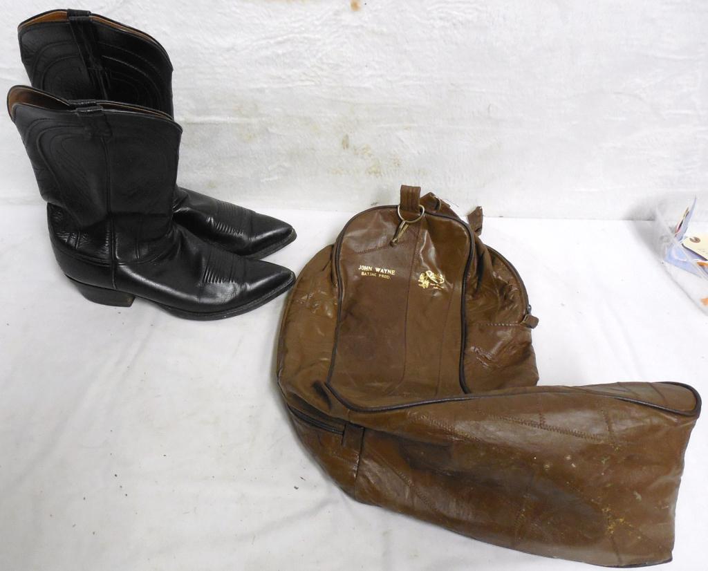 John Wayne Boot Bag and Boots 10 1/2: Boot bag Stamped John Wayne Baja Prod. Boots stamped Jayne inside boot NO Provenance No COA.