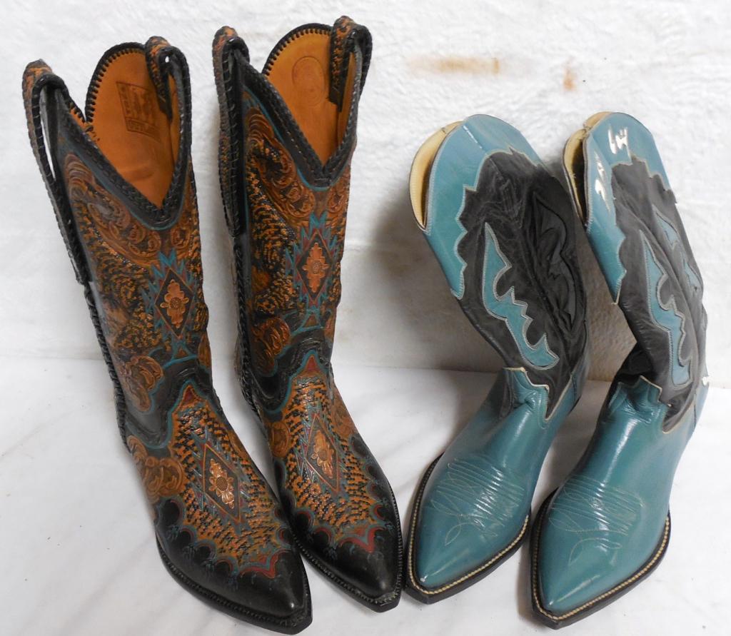 2 Pair of Pointy Toe Cowboy Boots: Turquoise made by Nadia / Black made be Falcon head