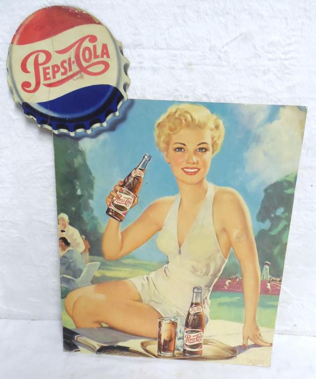 Pepsi-Cola Cardboard Sign 22'' x 15'' - Stain on Arm: 22'' x 15'' - Stain on Arm Used as is see photos