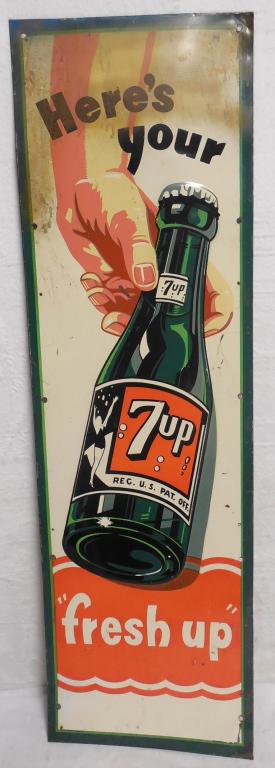 Here's Your 7-UP Tin Sign 13'' x 43'' some damage a bit (1 of 4)