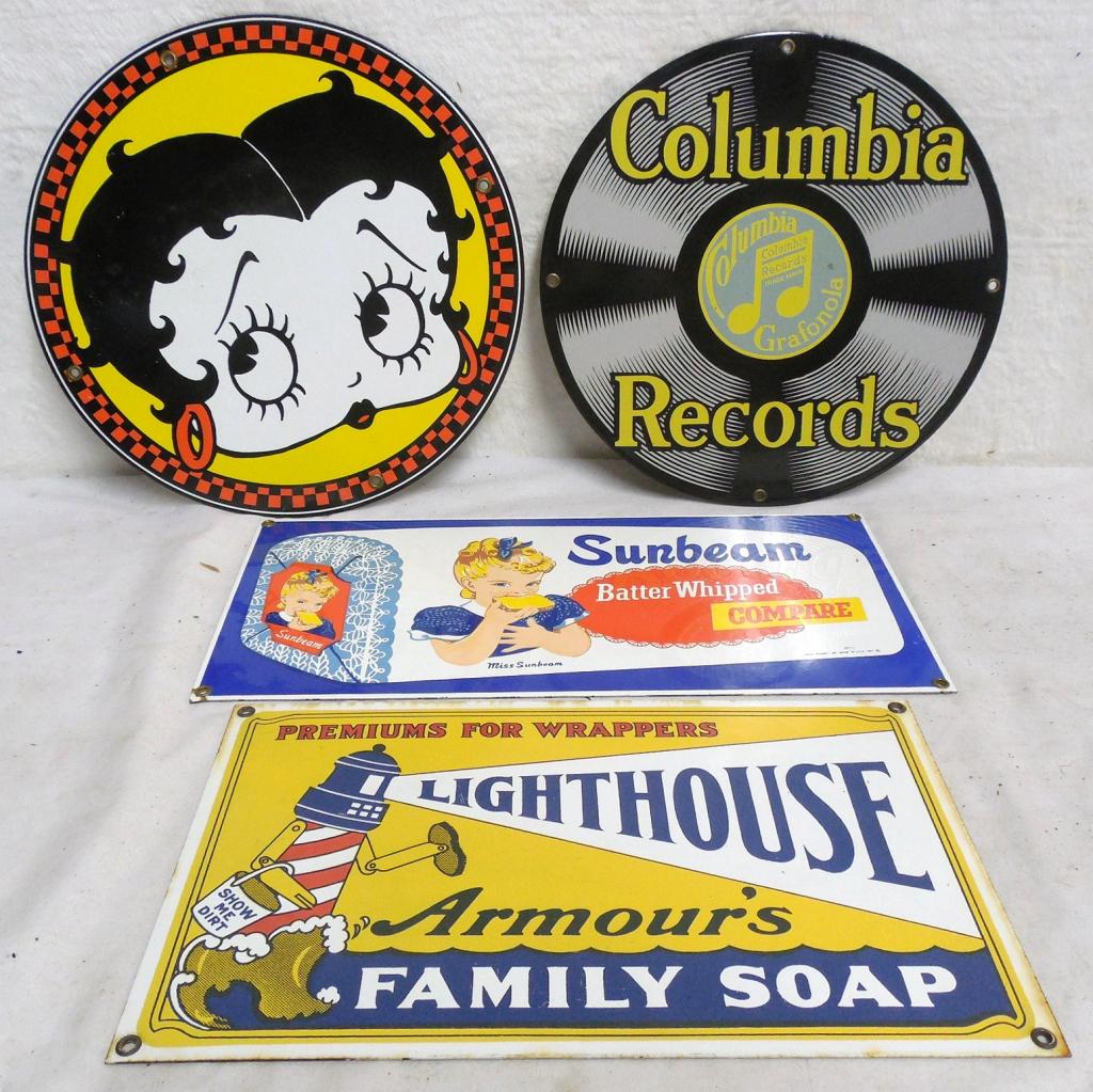 Lot of 4 Contempotary Signs Betty Boop 12''/Columbia: Betty Boop 12''/Columbia 11''/Sunbeam 7'' x 15'' / Lighthouse 8'' x 13''